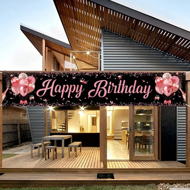 Rose Happy Birthday Banner Decorations Yard Outdoor Banner Sign Party Supplies for Women 16 21 30 40 50th Birthday Decor