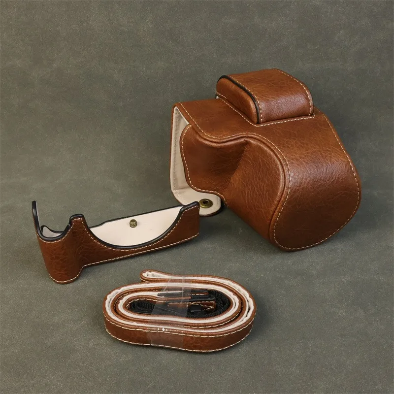 For Canon EOS R50 Camera (Lens 18-45mm) PU Leather Protective Case with Bottom Base Cover Shoulder Strap for EOS R50 Accessories