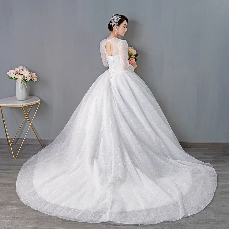 AnXin SH princess white flower lace vintage o neck beading pearls illusion long sleeve ball gown customized wedding dress