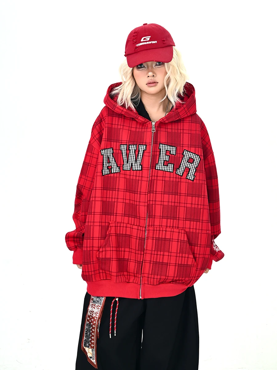 

Красный клетчатый кардиган с капюшоном, свободный женский свитшот, новая осенняя корейская уличная модная верхняя одежда в студенческом стиле