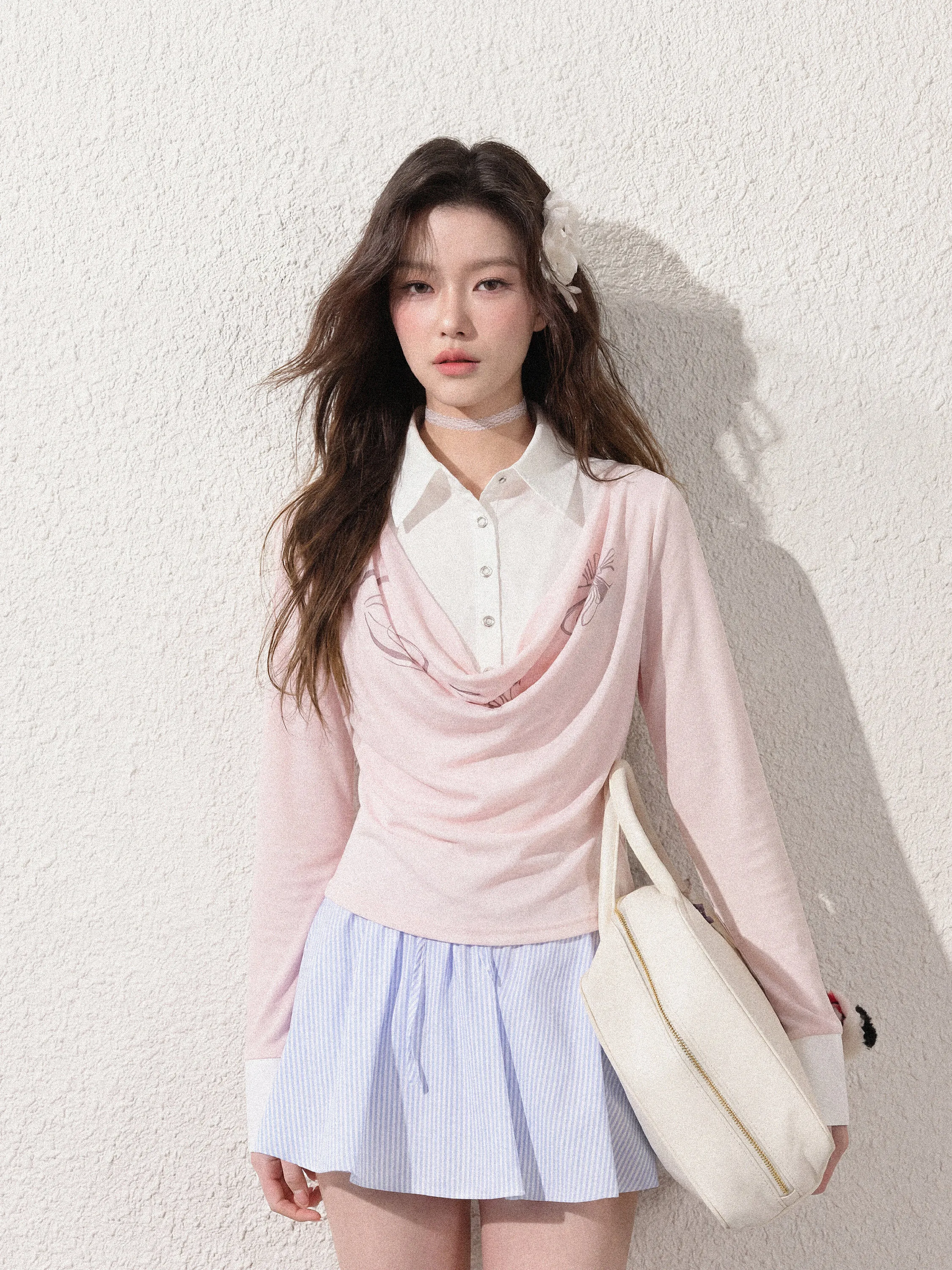 

Женский топ Sweet Splice Long Sleeve NEOTCG в корейском стиле, приталенный, с эффектом двухслойности, для повседневной носки, повседневная футболка-топ.