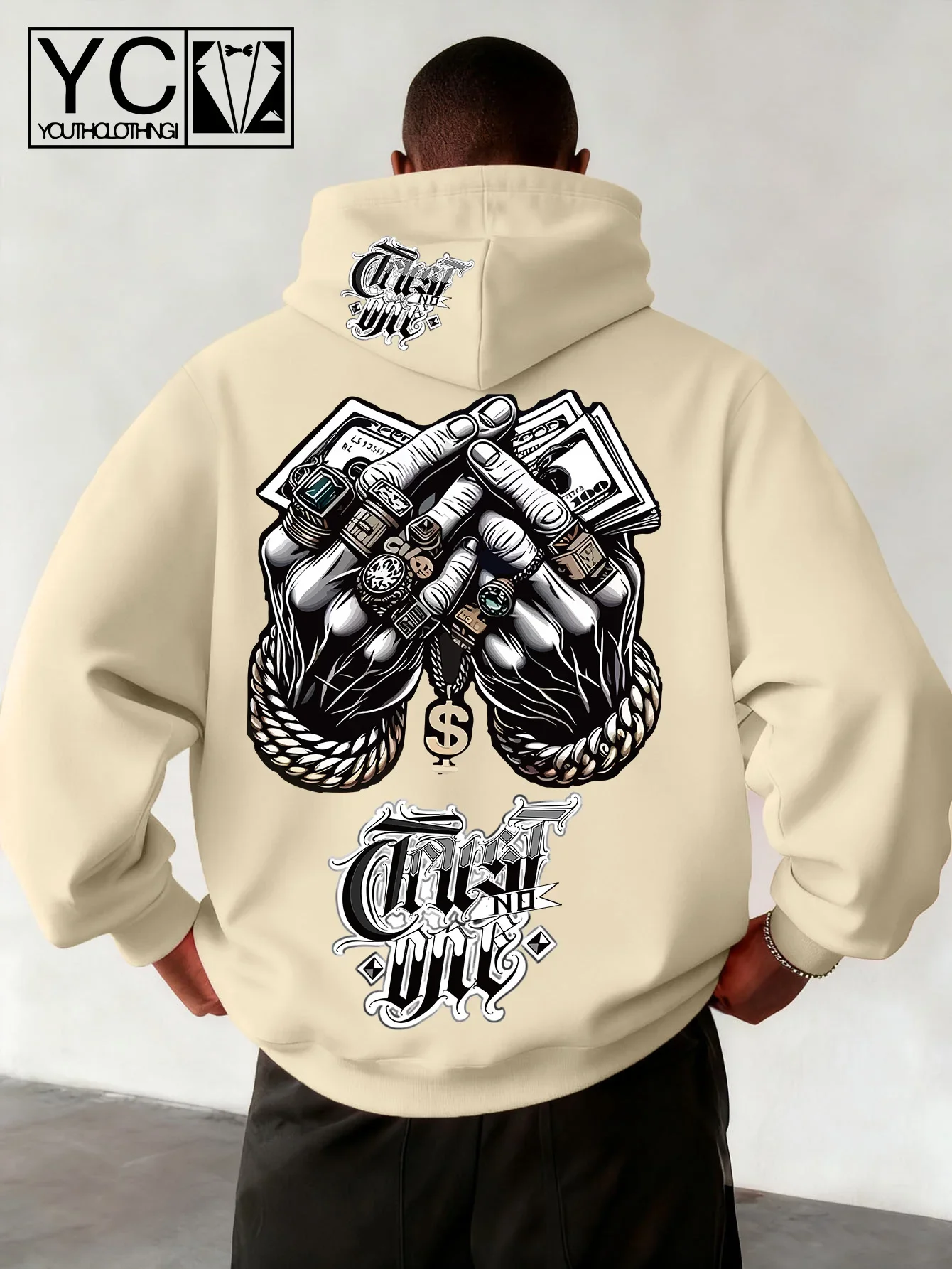 Men Hip Hop Money Hand Sports Hoodie Dollar Chain Ring Print Beige Oversized Pullover Streetwear Sweatshirt Autumn Winter