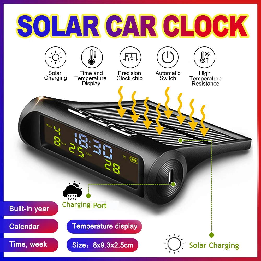 Solar Car Digital Clock Driving Time Date Dashboard Wiring-Free High-Precision LCD Digital Clock Car Watch With Backlight