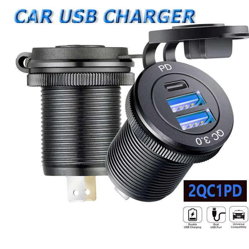 

Car Charger Socket PD3.0 & QC3.0 Double USB C Ports Waterproof with LED Fast Charging 12V/24V For Moto Adapter