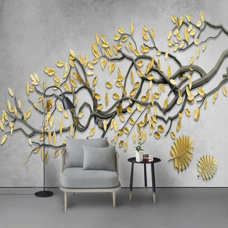 Beautiful fresh modern and simple 3D relief tree branch golden leaf TV home decoration background wall paper