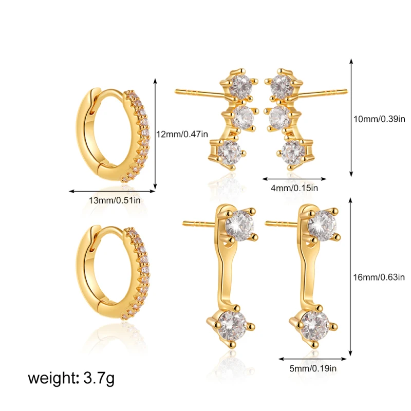 3Pair/set Luxury CZ Zircon Stackable Piercing 14k Gold Plated Earrings for Women Dainty Cartilage Huggie Hoop Earring Jewelry