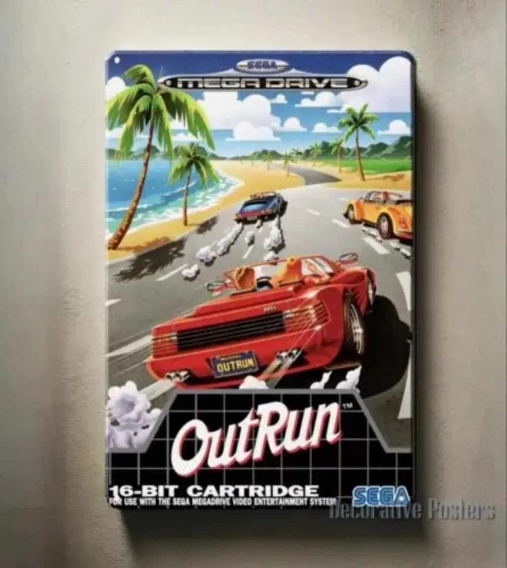 OutRun Sega Mega Drive HD Tin Sign | Vintage Metal Poster Retro Game Wall Art, Man Cave Game Room Decor, Nostalgic Gift