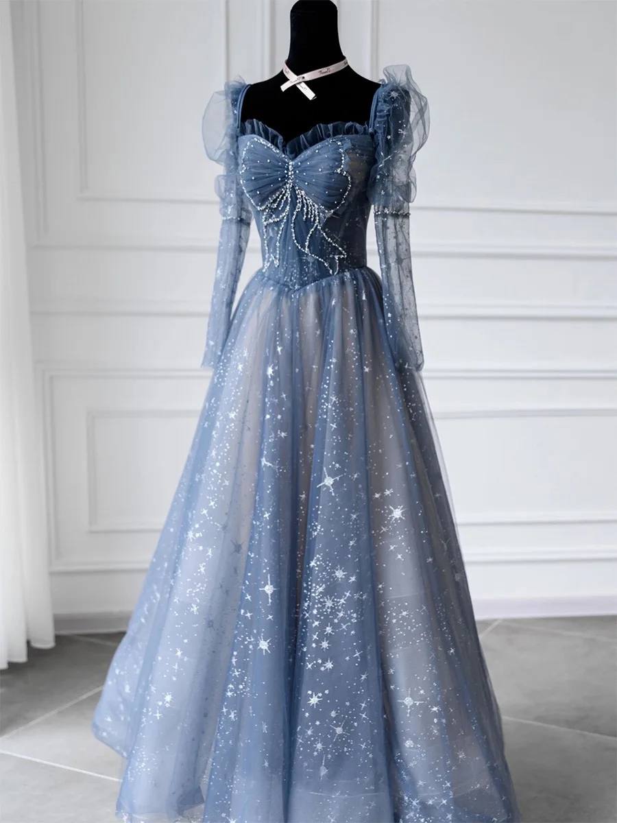 Luxury Blue Evening Dresses Long Sleeves Sweetheart Neckline A-Line Shiny Banquet Wedding Party Prom Bridesmaid Gowns