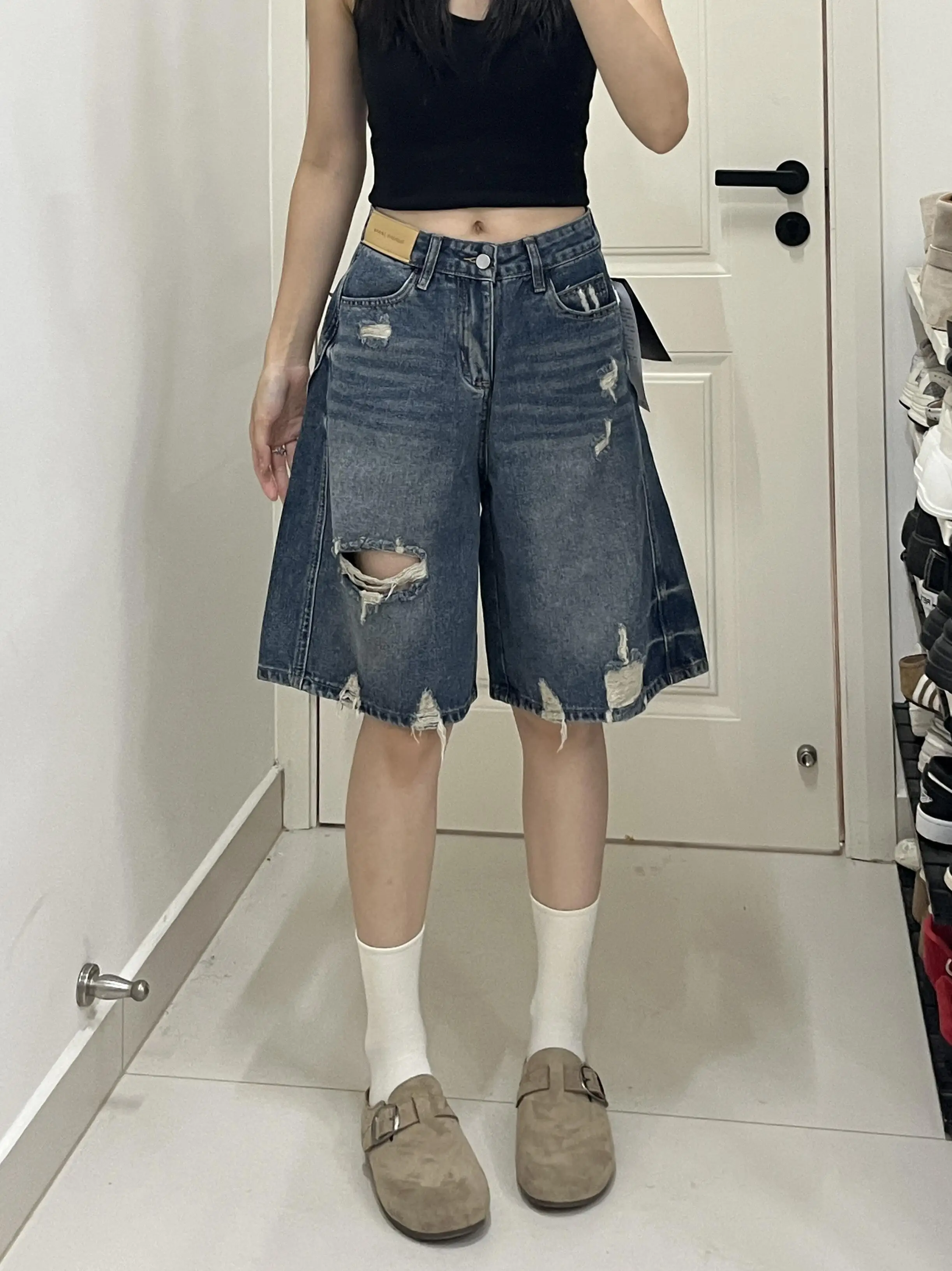 

Retro Hole Denim Shorts Women's Summer New Loose Slimming Fashionable 5-Point Mid-Pants High Waist Wide Leg Jeans