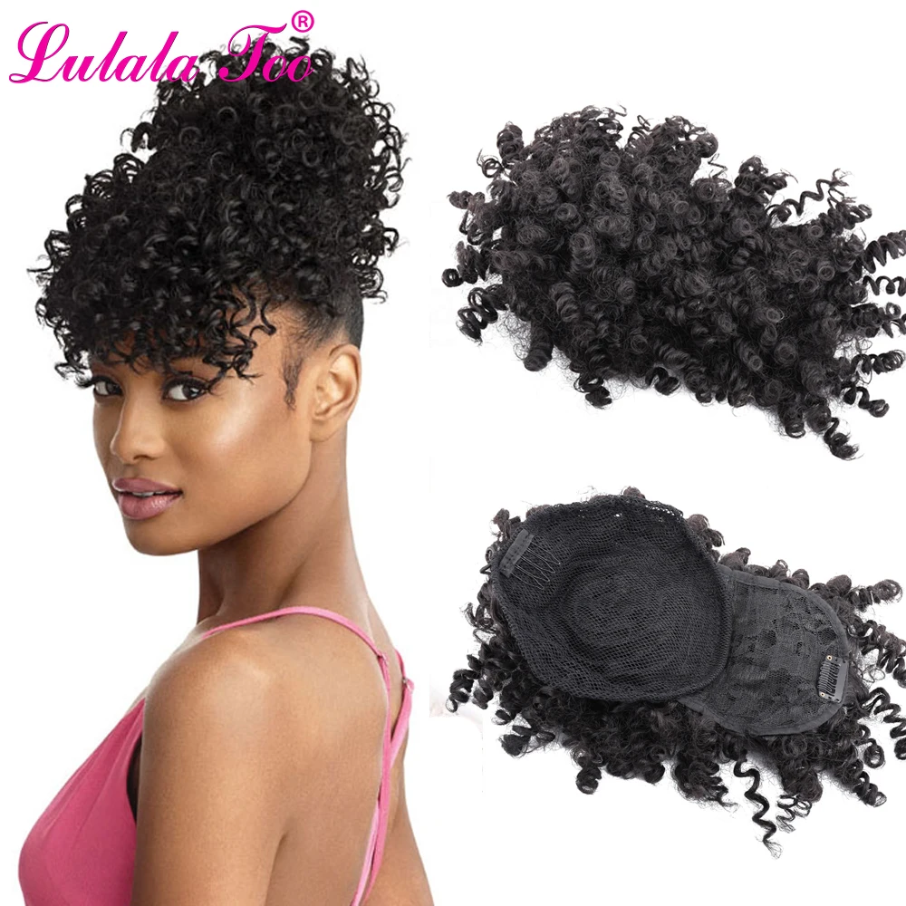 Short Synthetic Afro Kinky Curly Bang Drawstring Ponytail Wig for Woman Fringe Clip On Hair Extension Front Hairpieces