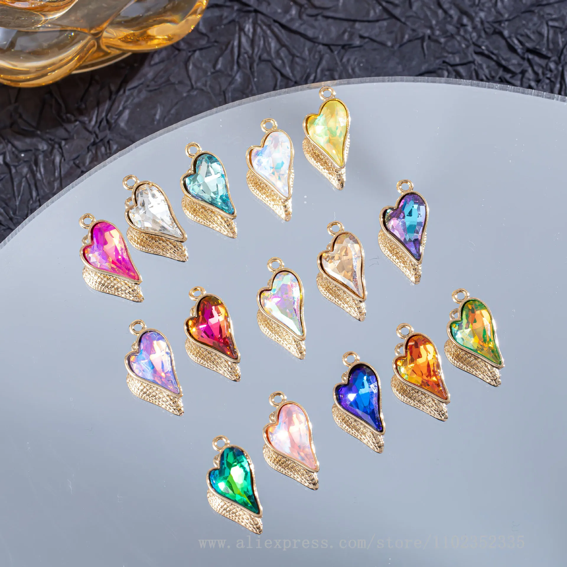 20pcs/ Bag  Colorful Crystal Diamond Crooked Peach Heart Pendant Headwear Earrings Necklace Pendant DIY Accessories