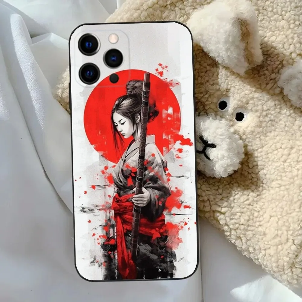 Samurai Warrior Geisha  Phone Case For Apple iPhone 15,14,13,12,11,Pro,X,XS,Max,XR,Plus,Mini Soft Black Cover