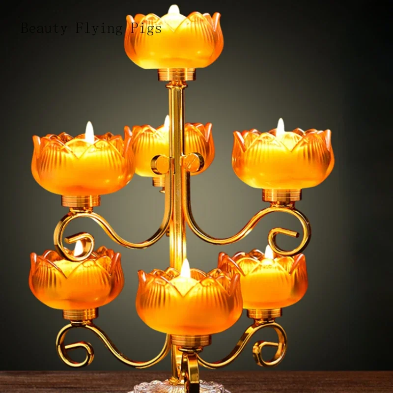 Colored Glaze Lotus Butter Simulated Candlestick Seven Star Candle Holder for Buddhist Household Eternal Flame Candlestick