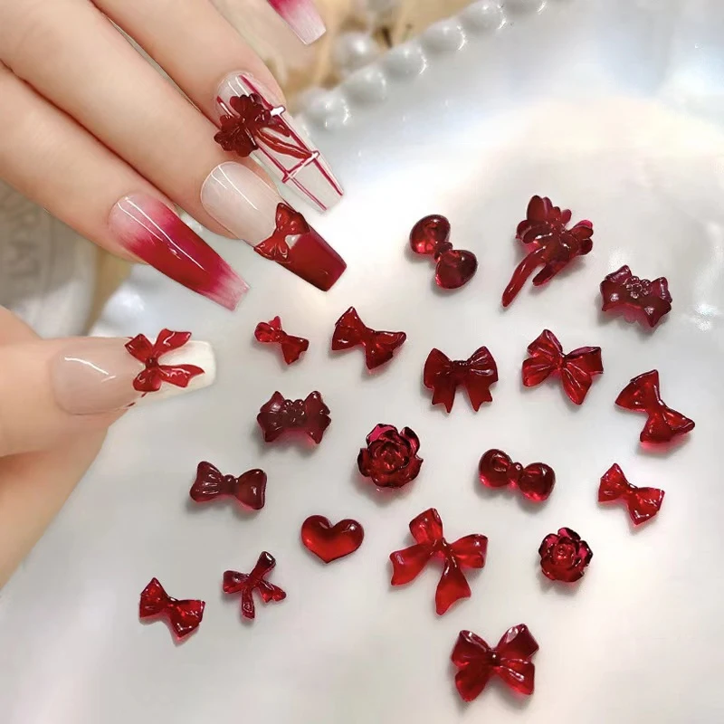 20Pcs Wine Red Resin Bow Nail Charm Bulk Mix Size 3D Ribbon Bowkont Mini Kawaii Nail Art Accessories DIY Cute Nails Decorations