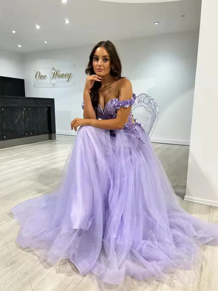 Shiny Lilac  Glitter Tulle Prom Dresses 3D Decal Fairy Wedding Dress A-line Corset Wedding Party Dresses Vestidos De Noche