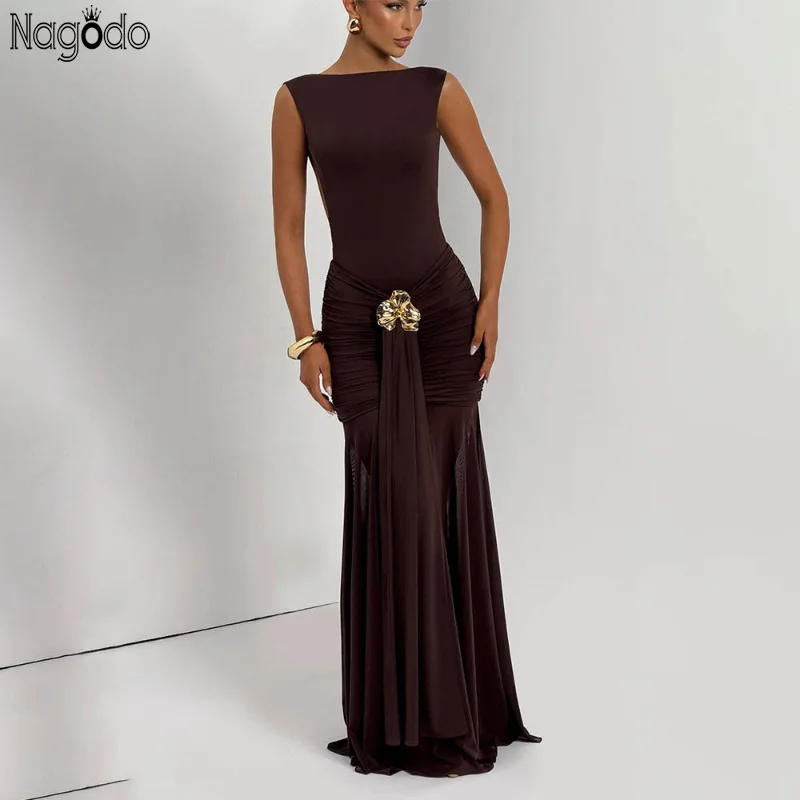 

Nagodo Summer Women Sexy Maxi Dress Sleeveless High Waist Pleated Slim Elegant Party Dress Bodycon Club Evening Brown Long Dress