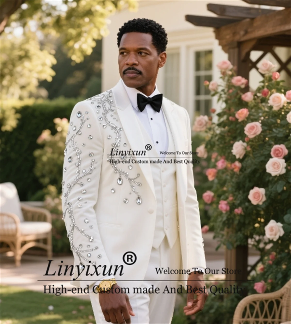 

High End Rihinestone Crystals Tuxedos Men Suit Slim Male Party Prom Blazers 3 Pieces Sets Groom Wedding Costume Homme Customized