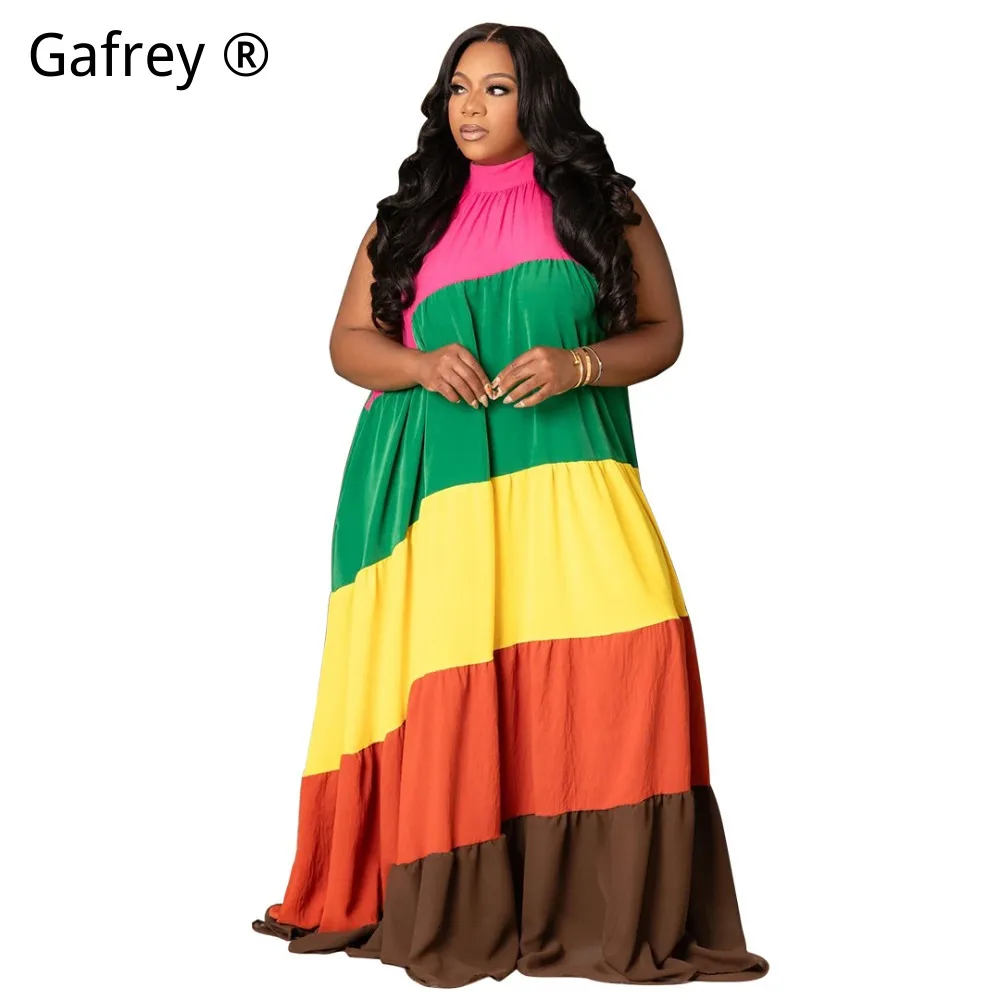 New 5xl 3xl 2xl Plus Size Color Block Dress Women Splicing Contrast Long Full Swing Maxi Dress Visual Slimming Artistic Summer
