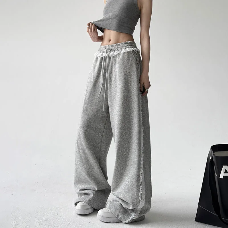 Women Trendy Lace Spliced ​​sports Casual Joggers Pants Summer New Lazy Versatile Pants Street Straight Leg Slim Fit Sweatpants