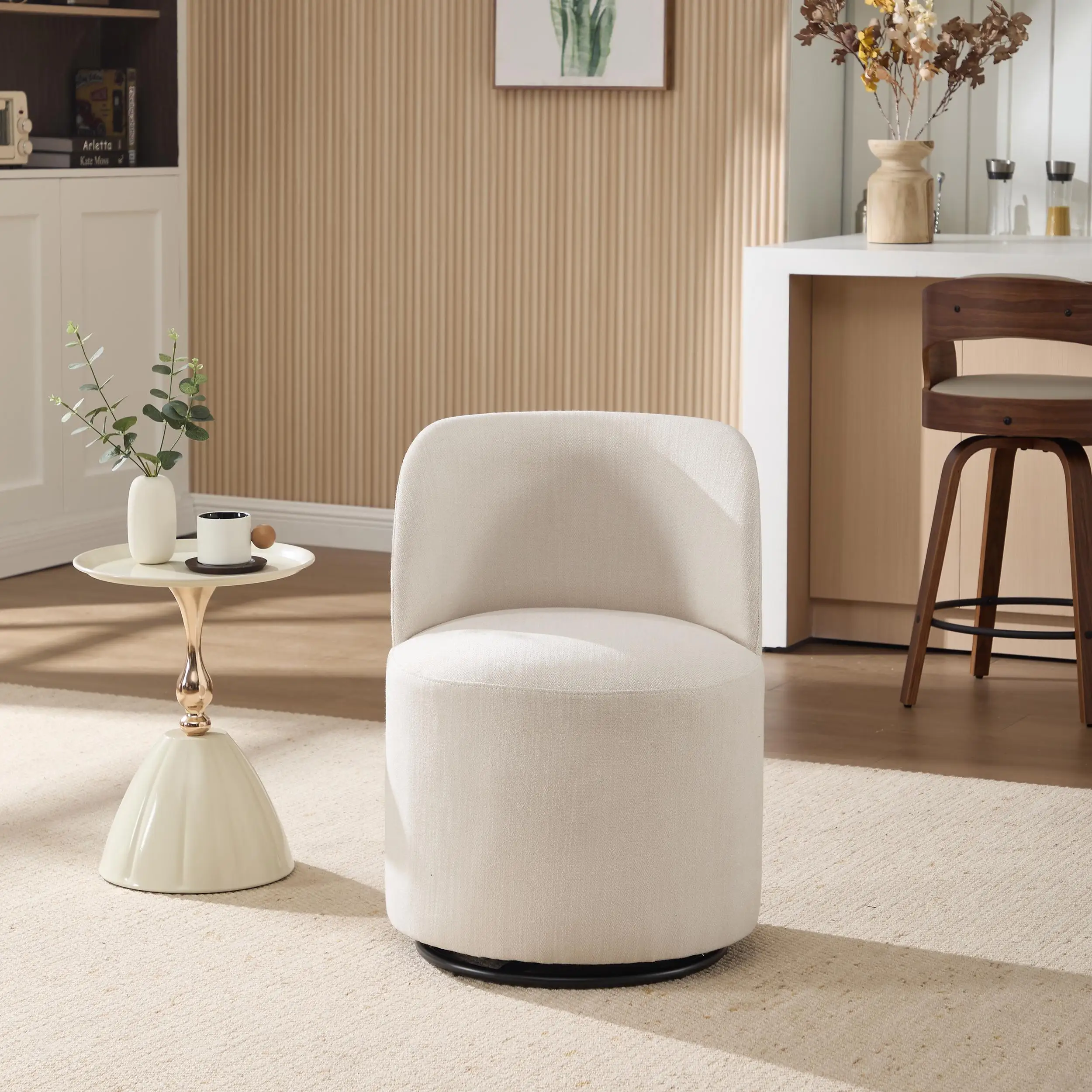 Beige Velvet Swivel Dining Chair 360 Rotating Barrel Seat Metal Frame Foldable Armless Accent Chair for Bedroom Vanity Kitchen