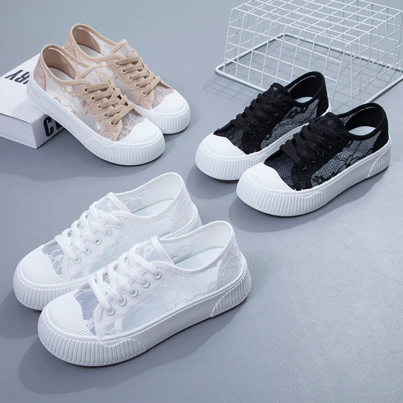 Summer Women Lace Casual Shoes Woman Breathable Mesh Sneakers Flats Platform Floral Loafers Comfort Shallow Walking Black Shoes