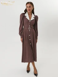 Clacive Fashion Loose Print Women Dress 2025 Casual Lapel Long Sleeve Office Lady Midi Dresses Elegant Classic Belt Female Dress