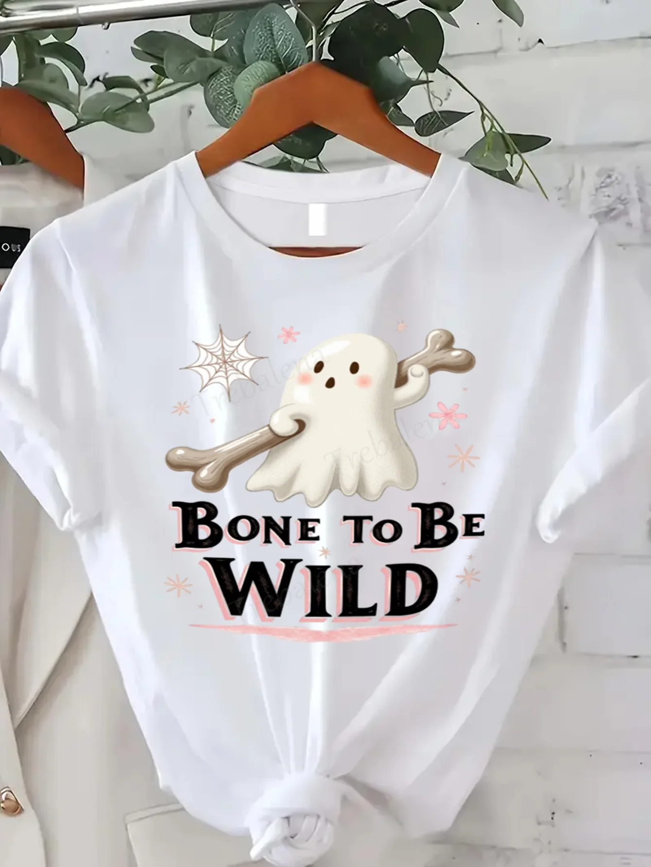 

Round Neck T-shirt Cute Ghost Halloween T-Shirt Bone to Be Wild Funny Women's Plus Size Tee Short Sleeve Tee Fashion Casual Top