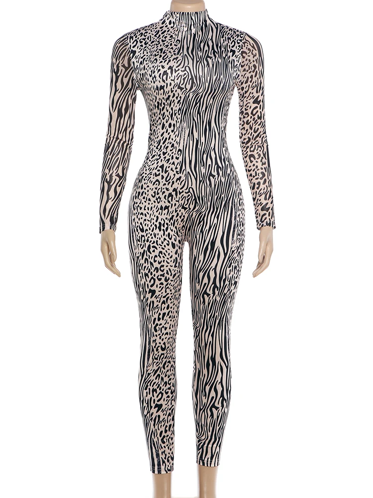 Weird Puss Sexy Mode-Jumpsuits für Damen, Leopardenmuster, Rollkragen, lange Ärmel, figurbetont, pfirsichfarben, heißer High-Street-Overall – Detail 3