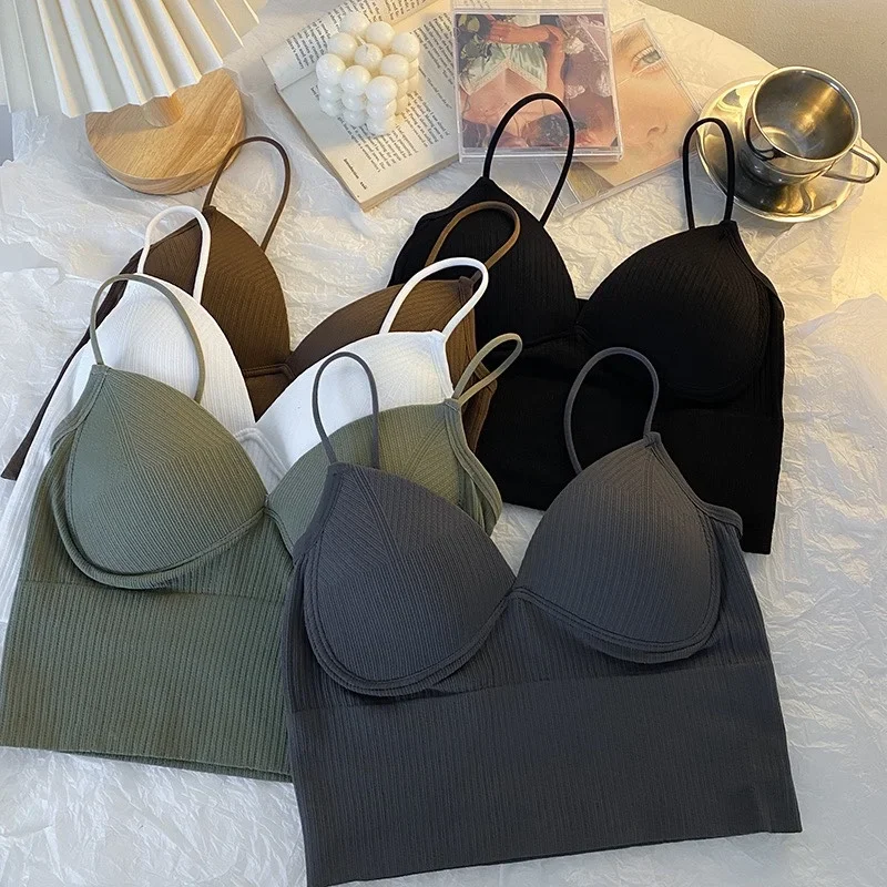 French Style Crop Top Camisole Bra Slim Fit Sexy Stretch Push Up Bra with Chest Pads Cropped Navel Short Tube Top V-Neck Tops