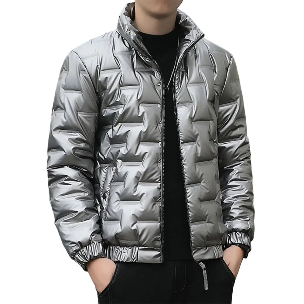 Zipper Placket Puffer Jacket Men's Winter Cotton Puffer Jacket with Stand Collar Zipper Placket Windproof Quilted Outwear