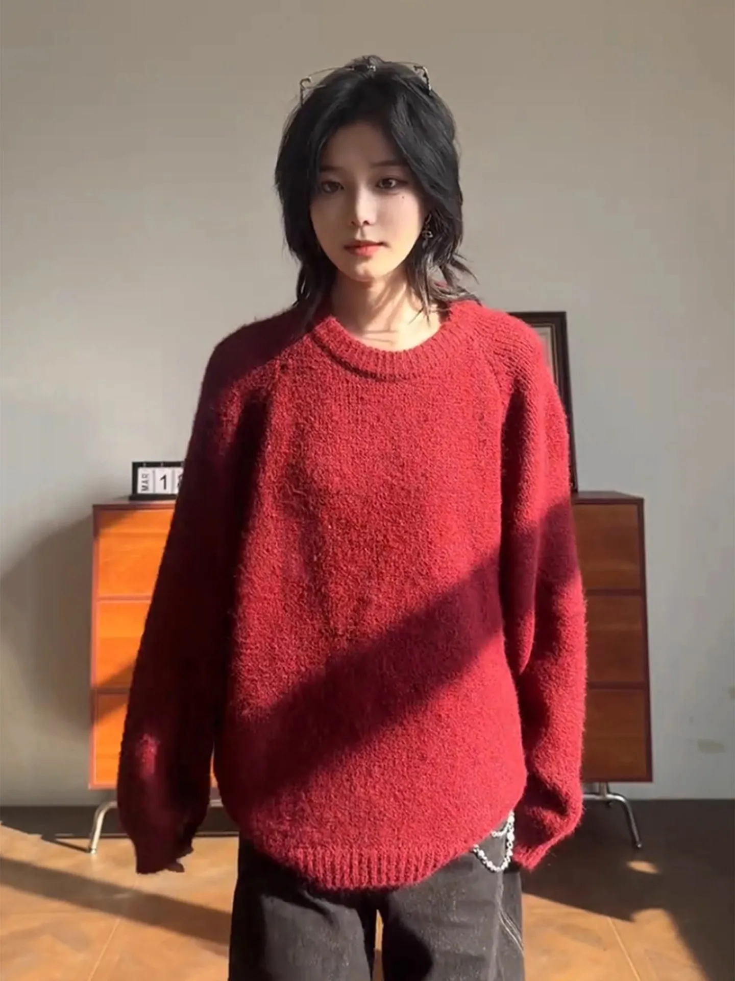 

Красный вязаный свитер ex Lazy New Year's Inner Wear Base Layer Casual Sle из смеси полиэстера Теплый зимний длинный све