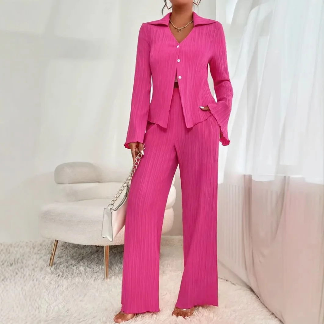

Однотонная официальная рубашка с длинными рукавами и пуговицами с лацканами + широкие прямые брюки, костюм Conjuntos De Dama, зимняя одежда, женская одежда 2025