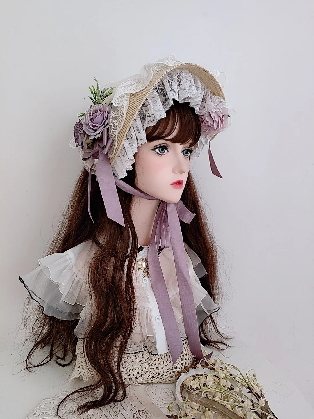 

Handmade French Ponette Straw Hat Flat Lolita Pastoral Style Gorgeous Elegant Headdress