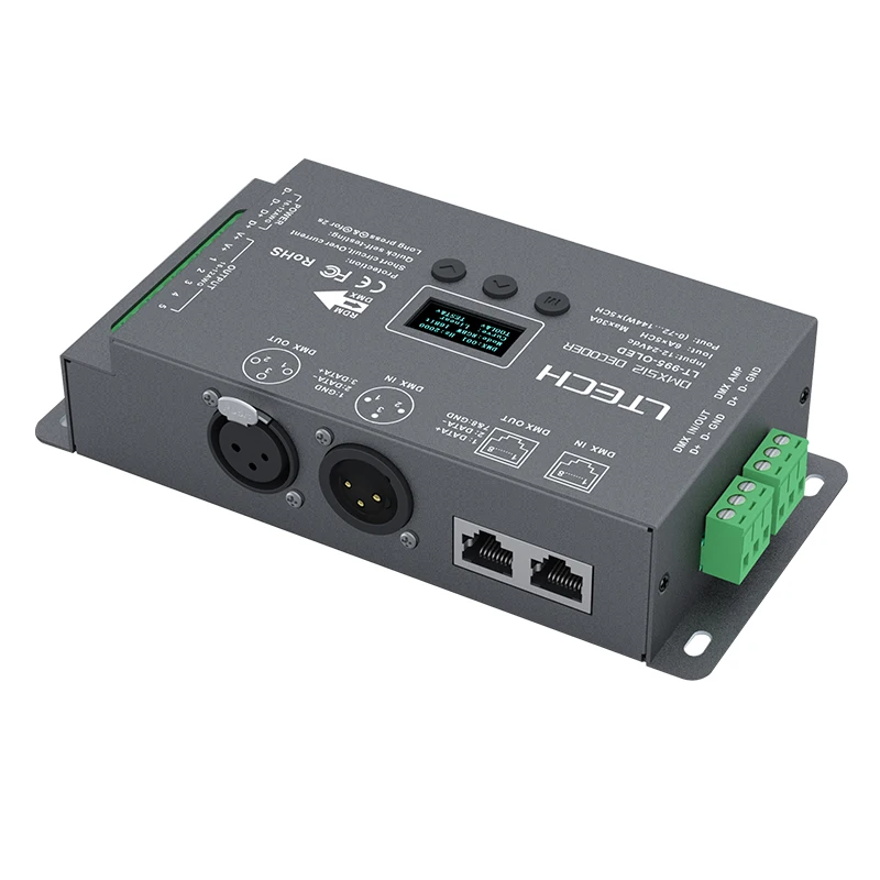 NEW LTECH Led DMX RDM Decoder Controller;DC12-24V 6A*5CH Max 30A 720W 5 Channel CV Constant Voltage DMX512 Slave 8 /16 Bit