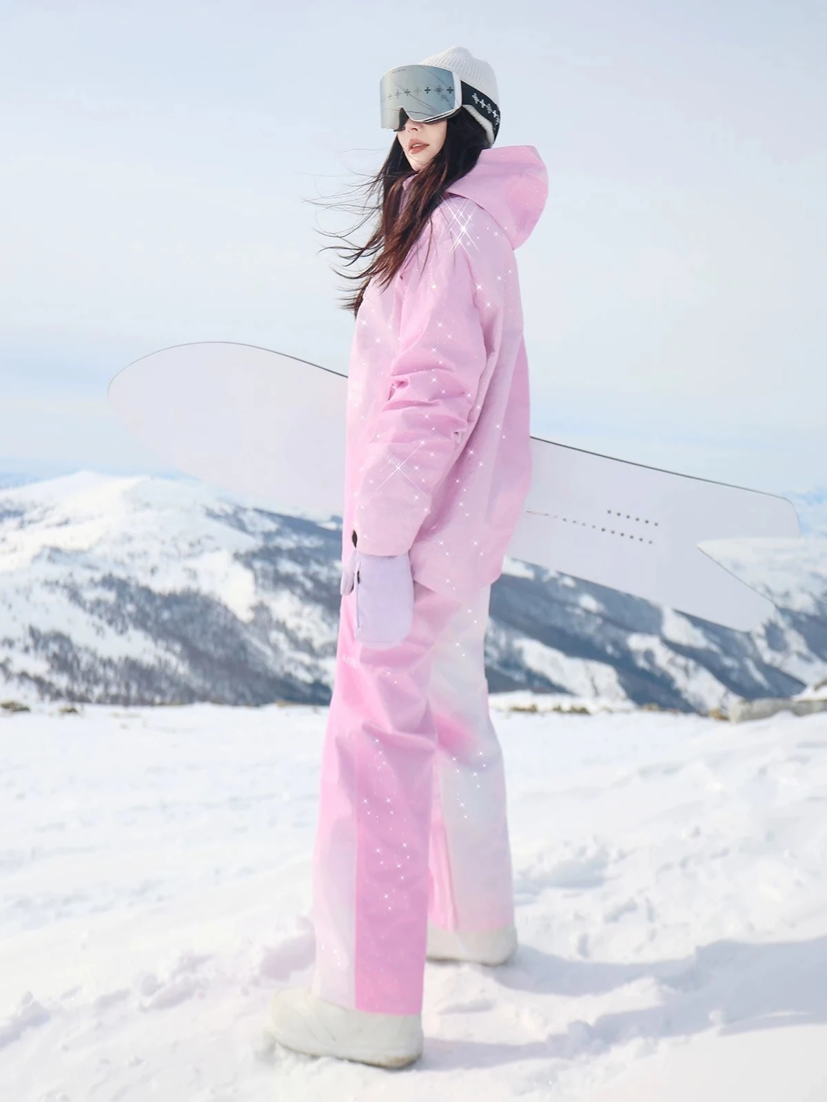 Women's Pink Rhinestone-Embellished 3L Snowboard Ski Suit Set, Relaxed Fit Waterproof Thermal Jacket & Bib
