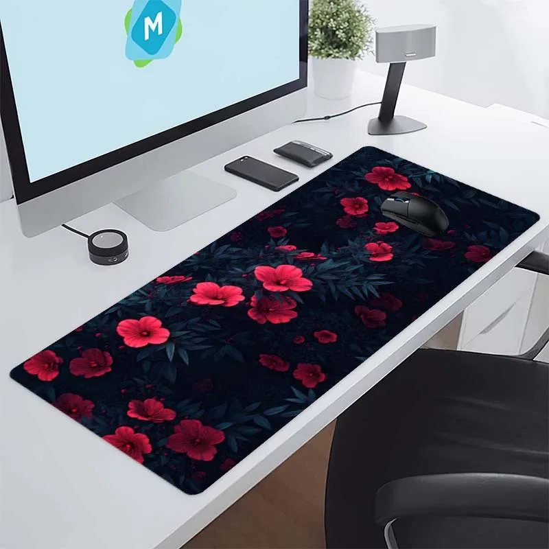 Red Floral Mouse Pad Extra Large Desk Mat Non-Slip Rubber Base for Gaming Office PC Laptop Workspace
