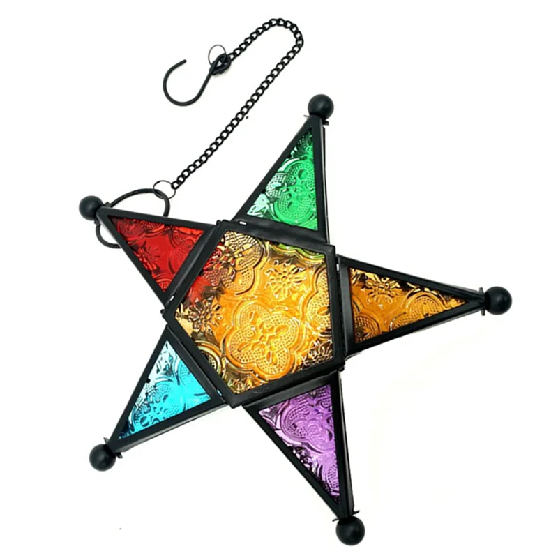 

ABUN-2X Подвесной фонарь-свеча, стеклянный держатель для чайной свечи в форме пятиконечной звезды в марокканском стиле для свадьбы, сада, черный
