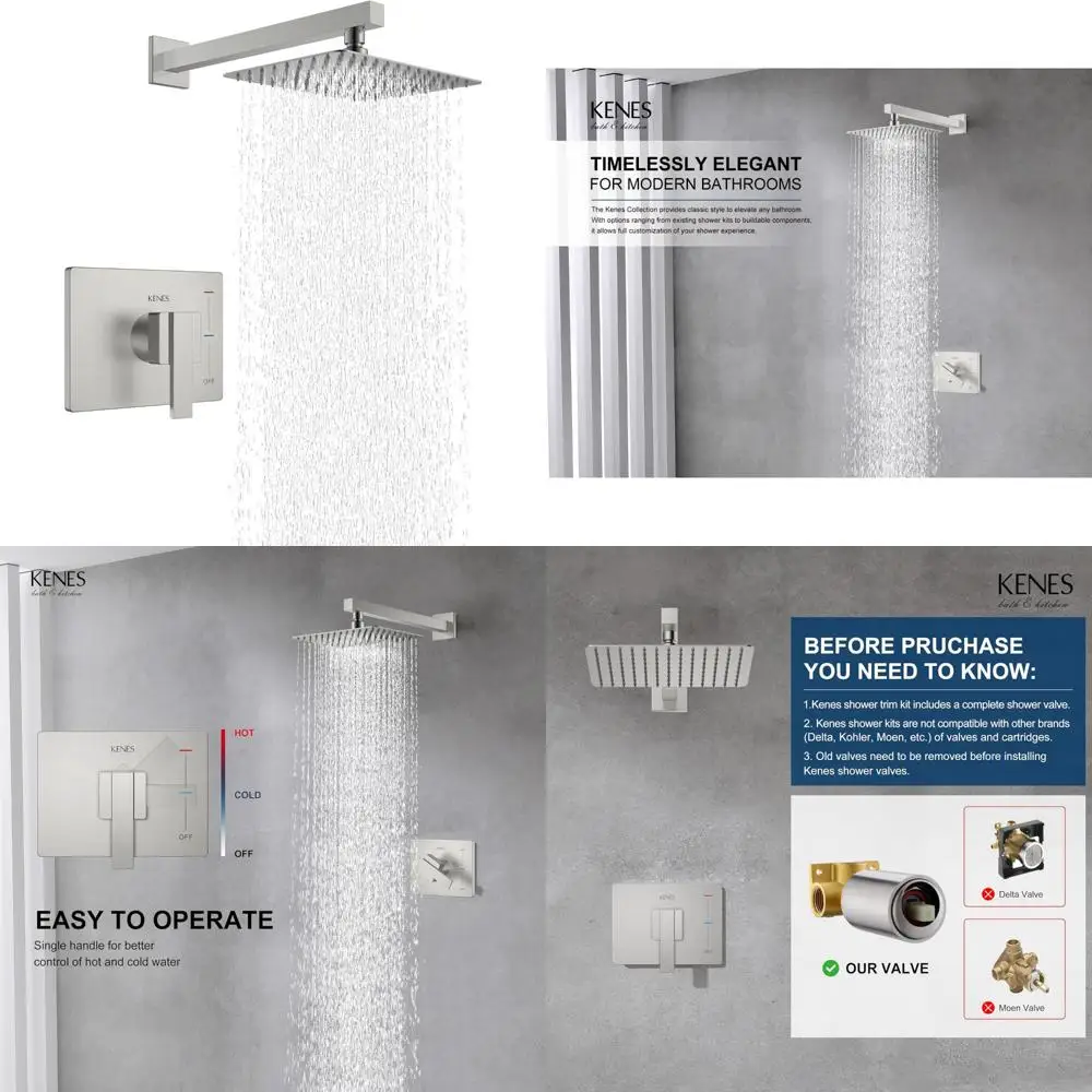 

Modern Brushed Nickel Shower Faucet Set with Square Single-Spray Head, Wall Mount Shower Trim System for Contemporary Bathrooms