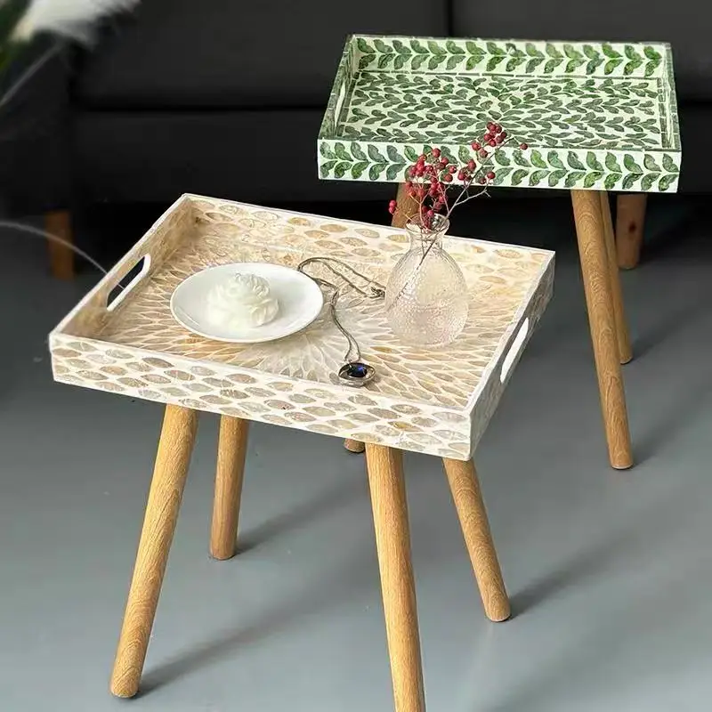 #Square Shell Inlay Side Table - Detachable Legs, Multi-functional Coffee Table Tray for Living Room Bedroom