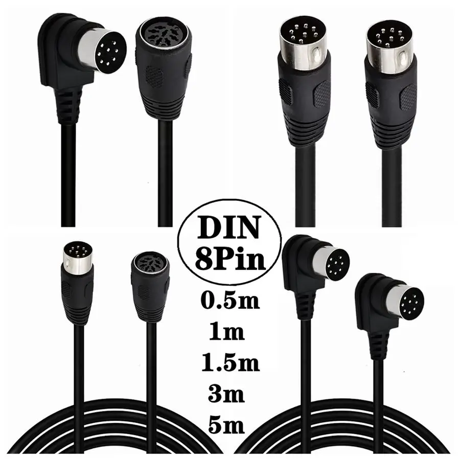 MIDI 8 Pin Din Male To Male 8pin Male Female Speaker Audio 90 degree right angle double elbow L-shaped  Cable Cord 0.5m 1m 3m 5m