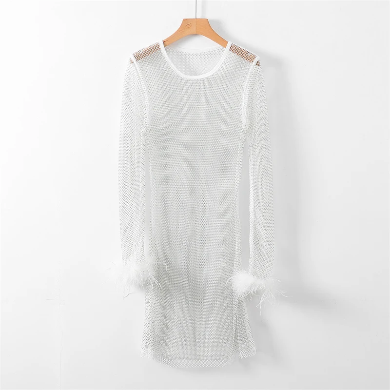 Damen Strass-Mesh-Midikleid, Durchsichtiges Netzkleid, Figurbetont, Glitzernd, Transparent, für Party, Nachtclub, Festival, Rave, Cocktail, Clubwear – Detail 4