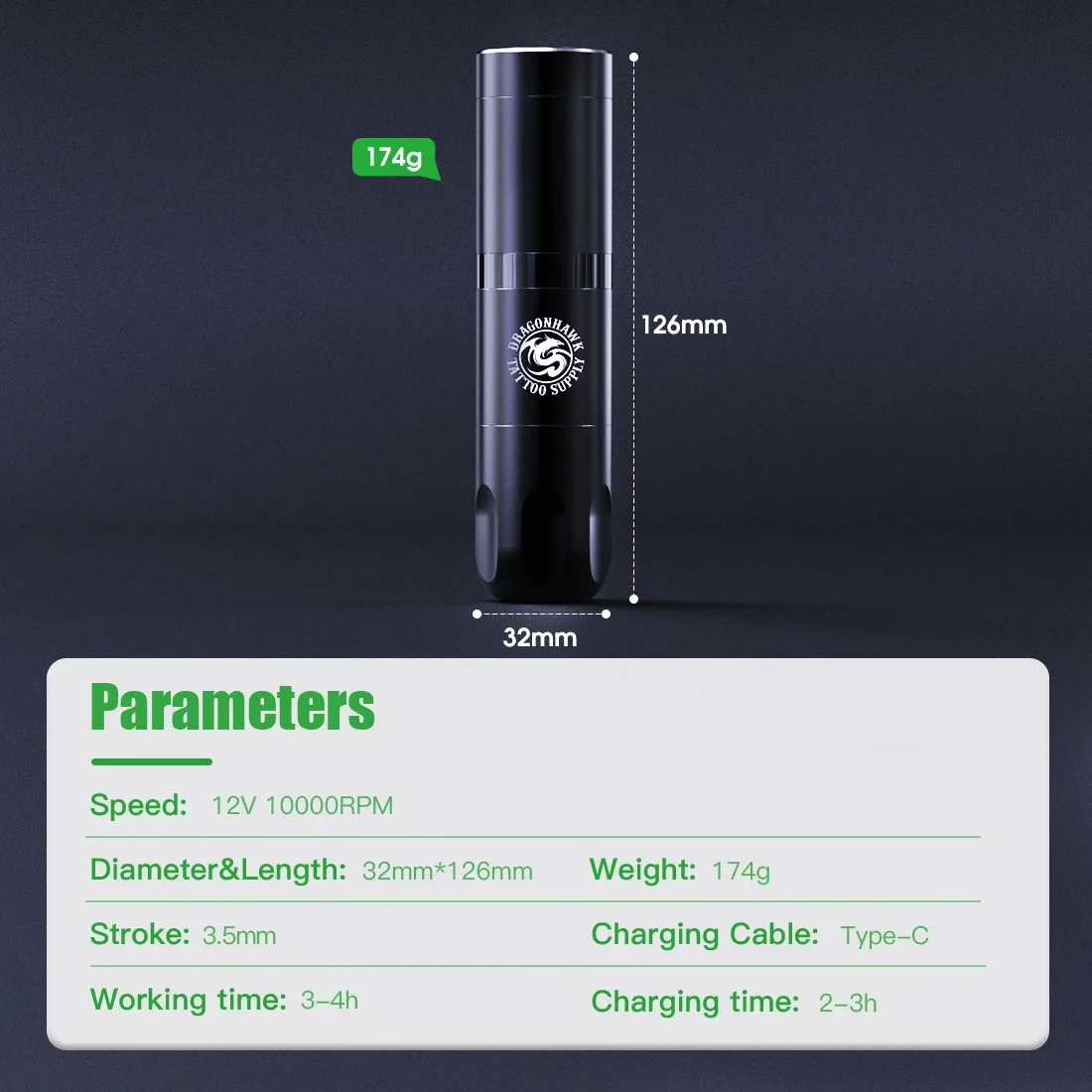 Dragonhawk X20 Wireless Cartridge Tattoo Machine High Capacity