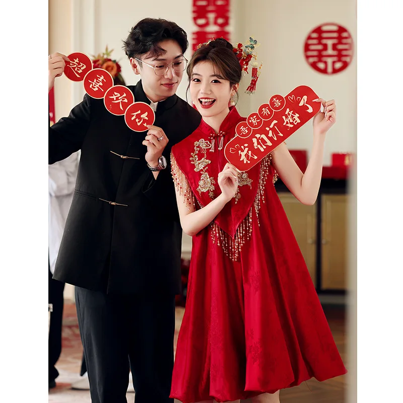 Vestido de compromiso para mujer, Cheongsam chino con cuello Halter, vino tinto, brindis, boda, vestidos de mañana, interés especial, ligero, lujo, verano