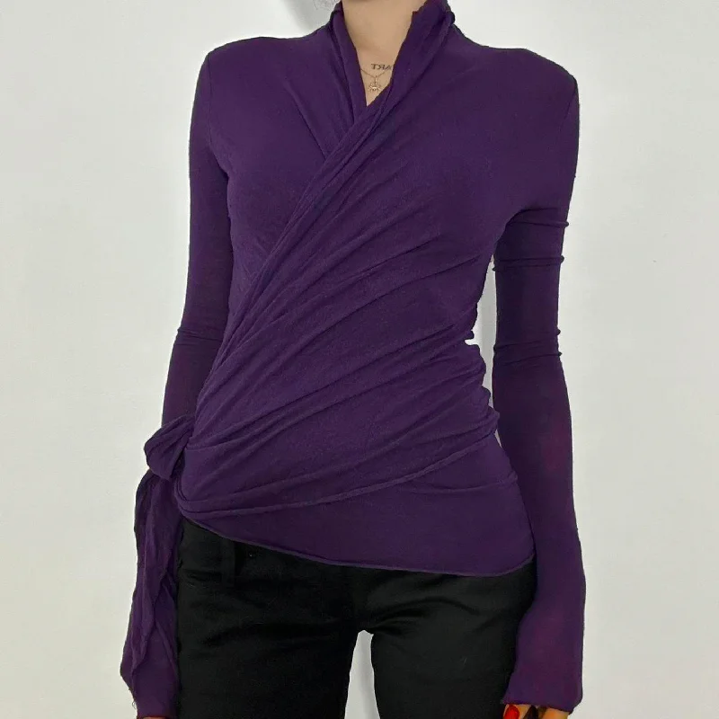 

Футболка с V-образным вырезом и длинными рукавами, галстуком-бабочкой, короткий крой с открытым пупком, облегающий крой, сексуальный фиолетовый топ