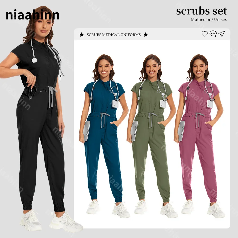 Hospital Nursing Scrub Jumpsuit Women Short Sleeve Surgical Medical Clothing Jogger Style Front Zipper Design Pet Scrubs Uniform