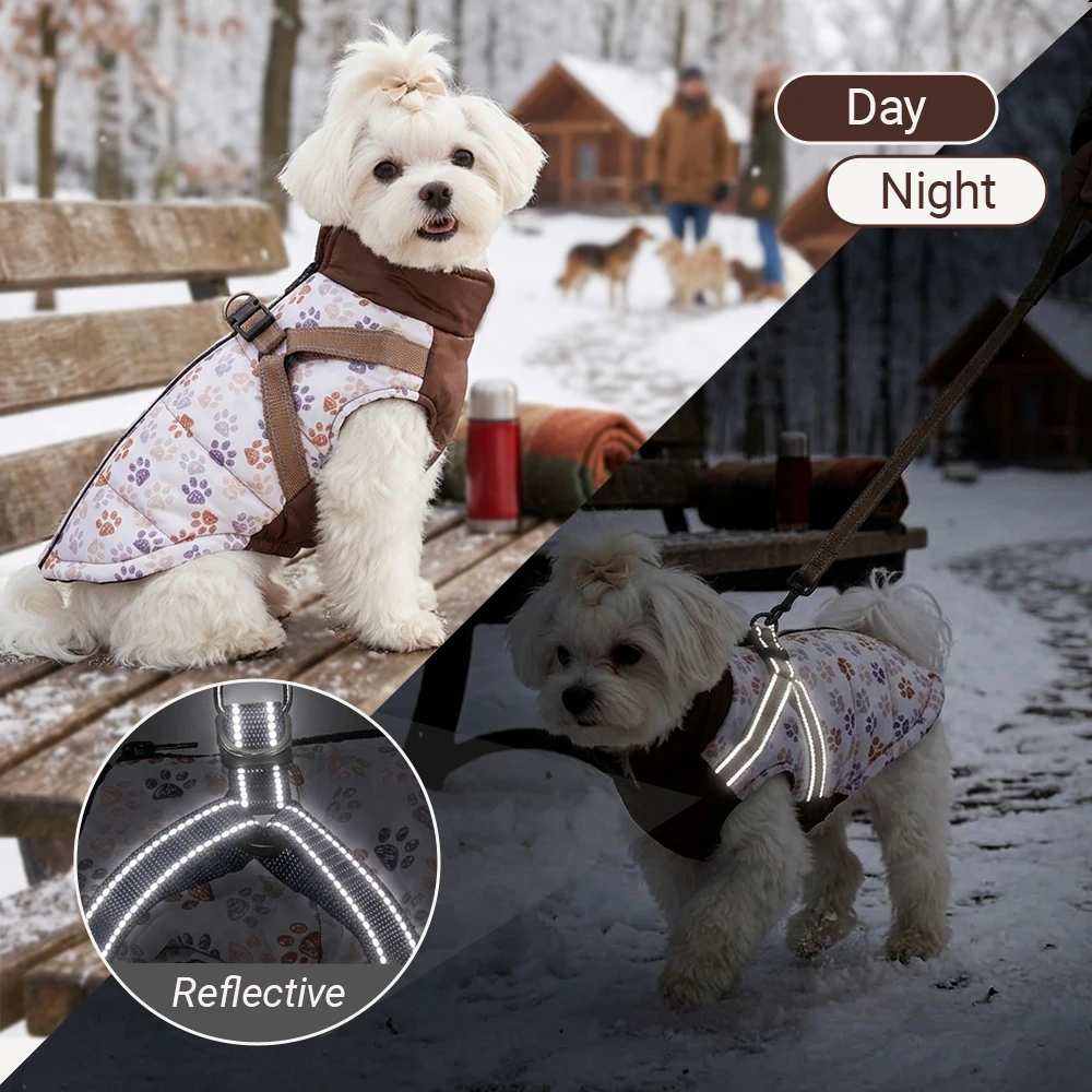 Hundemantel mit Geschirr, warme Winterkleidung für kleine und mittelgroße Hunde, wasserdichter Welpenmantel, Outfits für Chihuahua und Französische Bulldogge – Detail 12