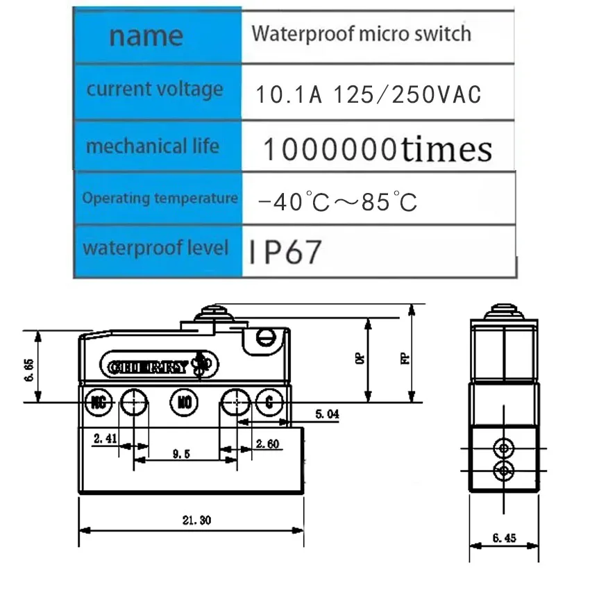 1Pcs Waterproof micro switch DC2C Shift P-gear switch IP67 waterproof high travel limit detection charging gun long button