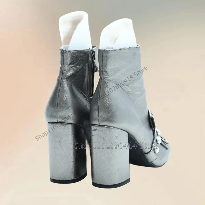 Silver Tassels White Pearl Decor Square Toe Boots Side Zipper Women Shoes Chunky High Heels Novel Party 2025 Zapatos Para Mujere