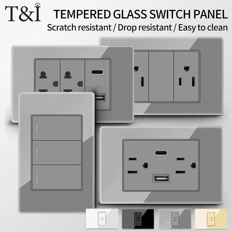 

T&I Modern 118 Wall Socket Switch US Plug, Tempered Glass Plate with USB & Type C PortTempered