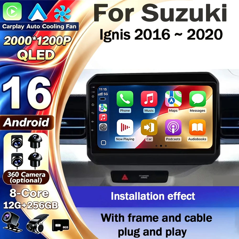 Android 16 CarPlay&Auto For Suzuki Ignis 2016 ~ 2020 Car Radio Stereo GPS Navigation Multimedia Player Wireless WIFI BT FM Audio